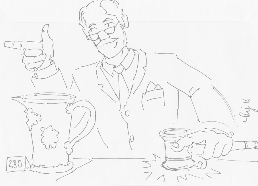 Auctioneer cartoon - sold an antique jug Drawing by Mike Jory