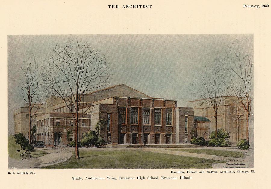 Architecture Painting - Auditorium of Evanston High School. Evanston Illinois 1930 by Hamilton and Fellows and Nedved