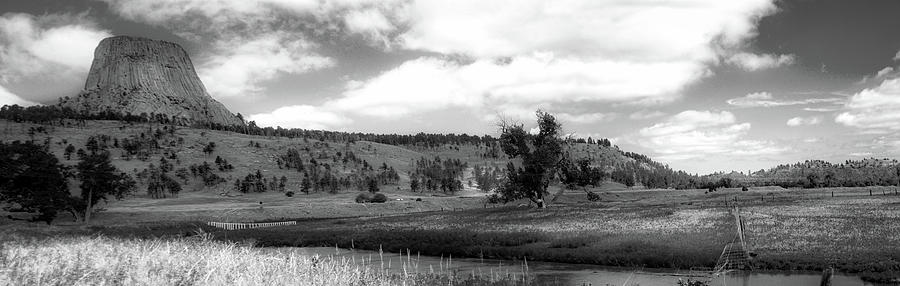 August At Wyoming Devils Tower Panorama 02 BW Photograph by Thomas Woolworth