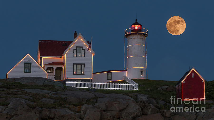 August Moon over Nubble Lighthouse Photograph by Jerry Fornarotto