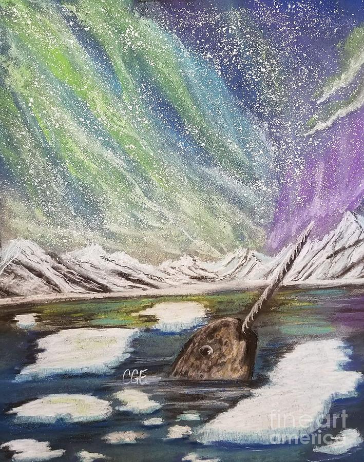 Mountain Pastel - Aurora Borealis and a Narwhal  by Crystal Elswick