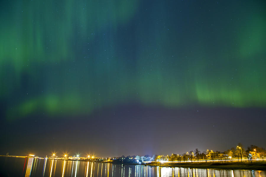 Nature Photograph - Aurora Borealis Northern Lights over city of Tallinn by Sandra Rugina