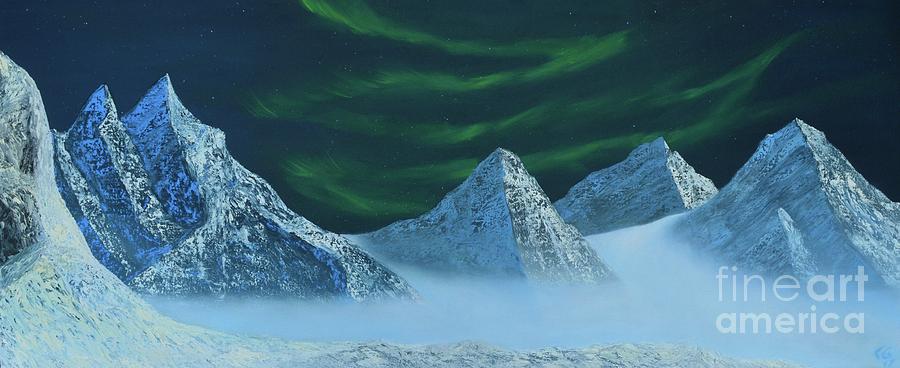 Aurora Borealis Over Snowy Mountains Painting