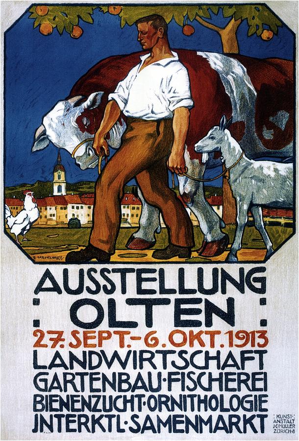 Ausstellung Olten - 1913 - Man With Cattle And Goat - Retro Travel Poster - Vintage Poster Mixed Media
