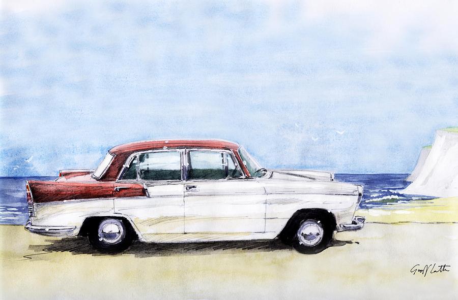 Austin Painting - Austin A55 Cambridge Saloon at The Coast by Geoff Latter