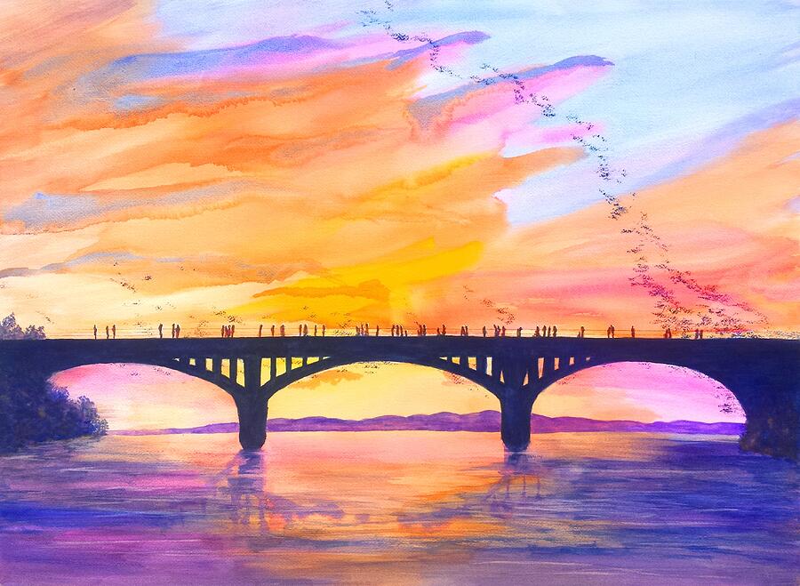 Austin Bats Congress Bridge Sunset Painting by Carlin Blahnik CarlinArtWatercolor