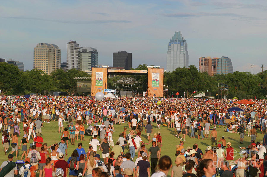 Music Photograph - Austin City Limits Music Festival Stage over looking the Frost Bank Tower Skycraper by Dan Herron