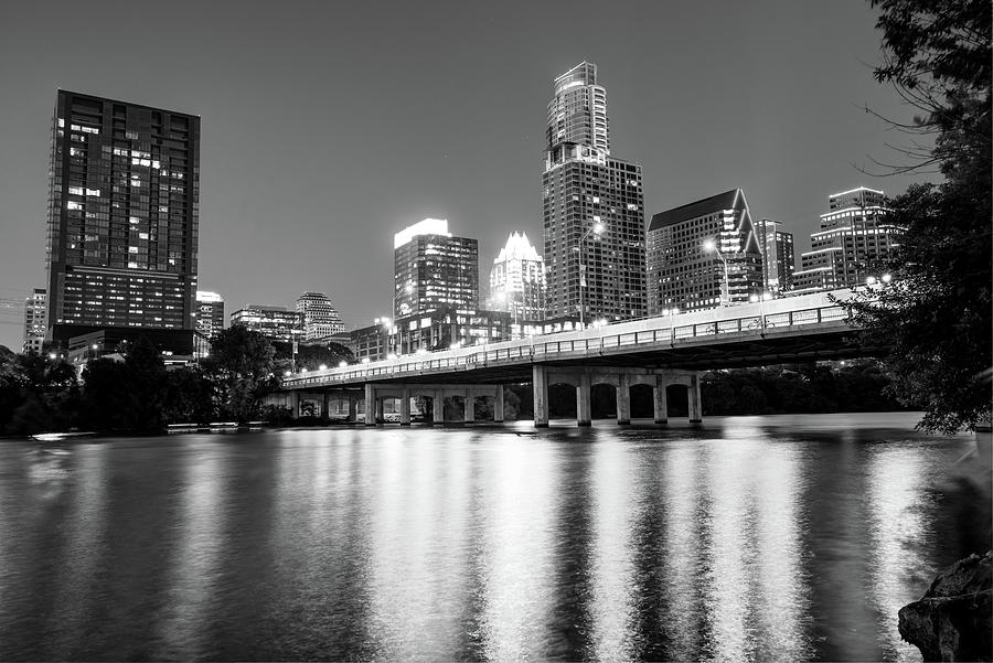 Black And White Photograph - Austin City Skyline and Congress Bridge in Black and White by Gregory Ballos