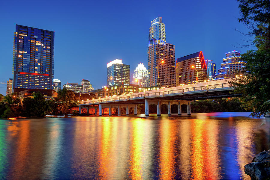 Austin City Skyline and Congress Bridge in Color Photograph by Gregory Ballos