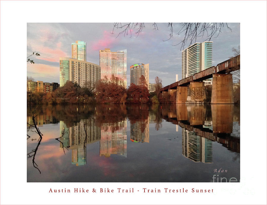 Triptych Photograph - Austin Hike and Bike Trail - Train Trestle 1 Sunset Left Greeting Card Poster - Over Lady Bird Lake by Felipe Adan Lerma