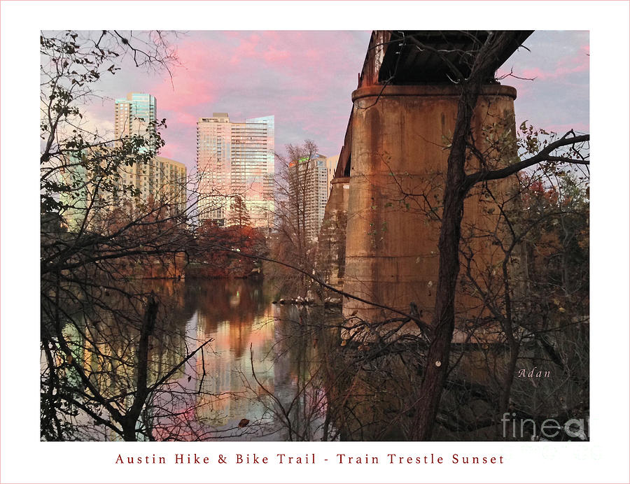 Austin Hike and Bike Trail - Train Trestle 1 Sunset Middle Greeting Card Poster - Over Lady Bird Lak Photograph by Felipe Adan Lerma