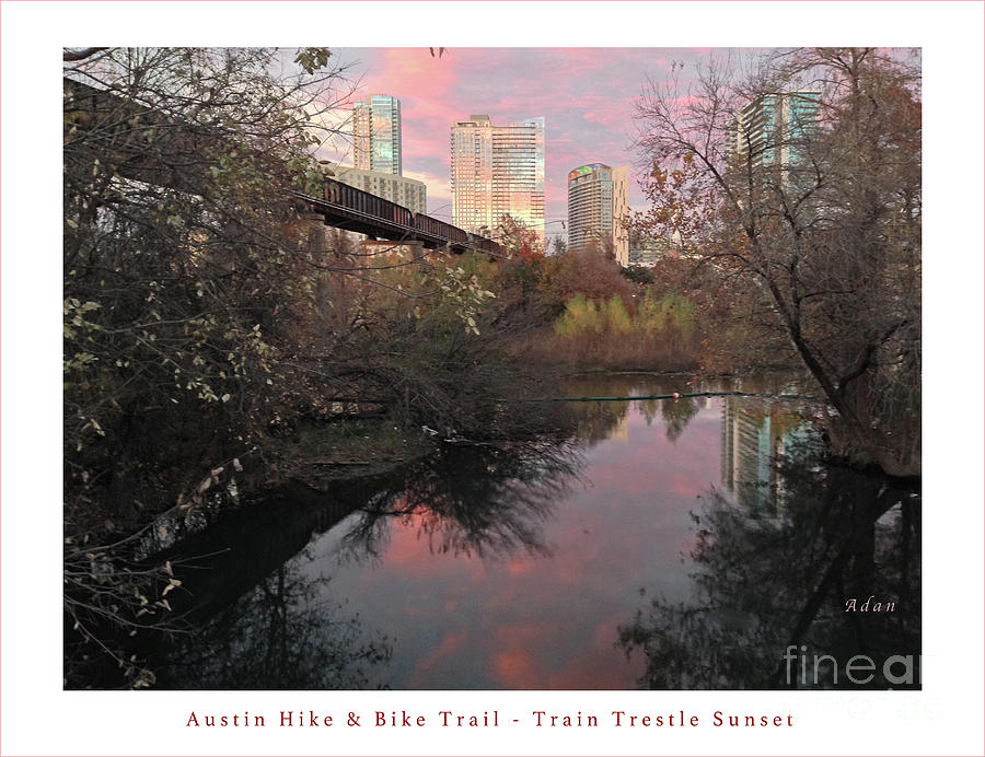 Austin Hike and Bike Trail - Train Trestle 1 Sunset Right Greeting Card Poster - Over Lady Bird Lake Photograph by Felipe Adan Lerma