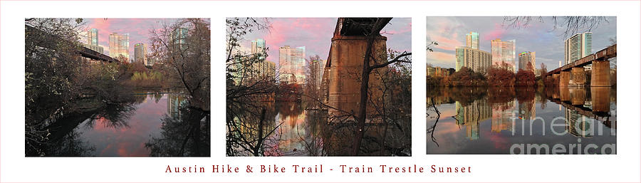 Austin Hike and Bike Trail - Train Trestle 1 Sunset Triptych Panorama Photograph by Felipe Adan Lerma