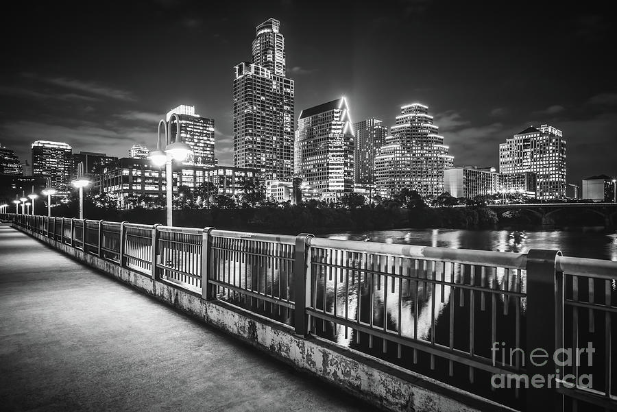 Austin Skyline at Night Black and White Picture Photograph by Paul Velgos