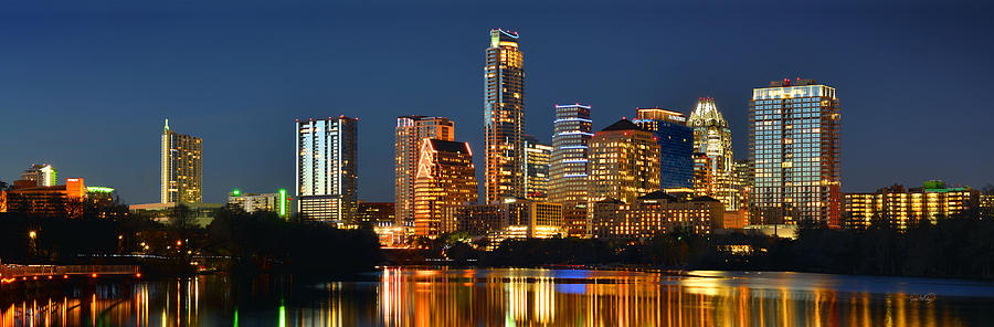 Austin Skyline Photograph - Austin Skyline at Night Color Panorama Texas by Jon Holiday