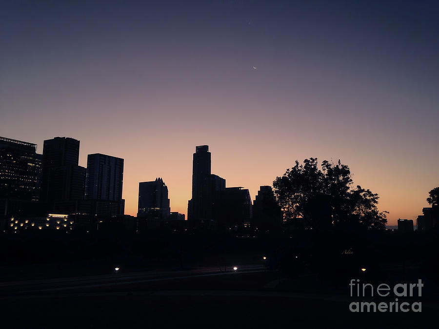 Austin Skyline Sunrise Into A Crescent Moon Photograph by Felipe Adan Lerma