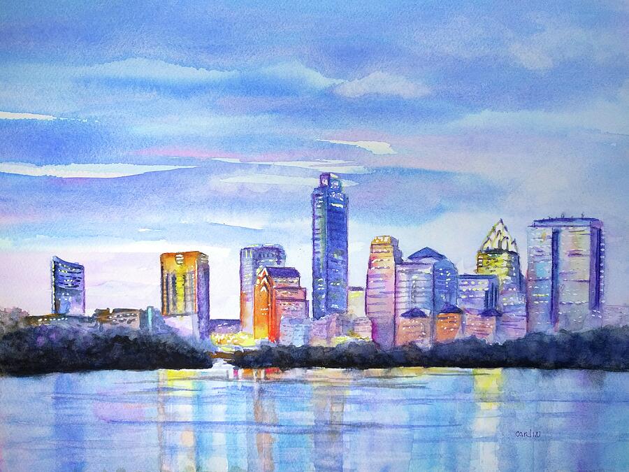 Austin Skyline Sunset Glow Painting by Carlin Blahnik CarlinArtWatercolor