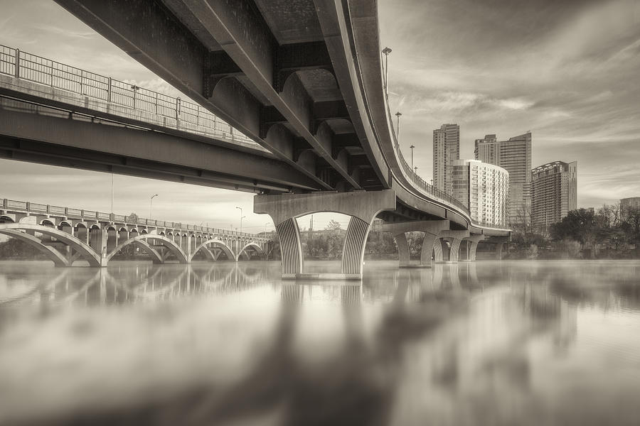 Black And White Photograph - Austin Texas and Lady Bird Lake in Sepia 1 by Rob Greebon