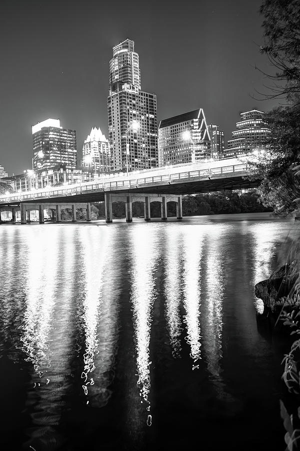 Austin Skyline Photograph - Austin Texas Black and White Skyline Night Reflections by Gregory Ballos