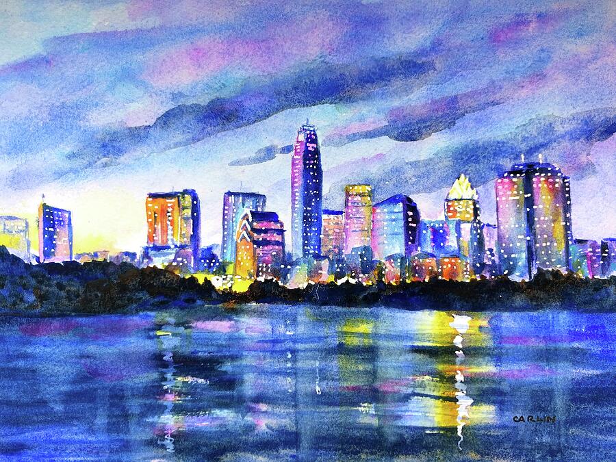 Austin Texas Colorful Skyline Sunset Painting by Carlin Blahnik CarlinArtWatercolor