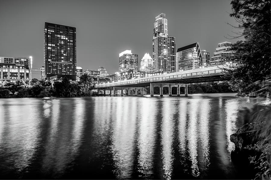 Austin Skyline Photograph - Austin Texas Downtown Skyline at Night on the Colorado River - Black and White Edition by Gregory Ballos