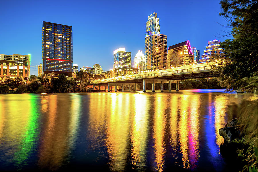 Austin Skyline Photograph - Austin Texas Downtown Skyline at Night on the Colorado River by Gregory Ballos