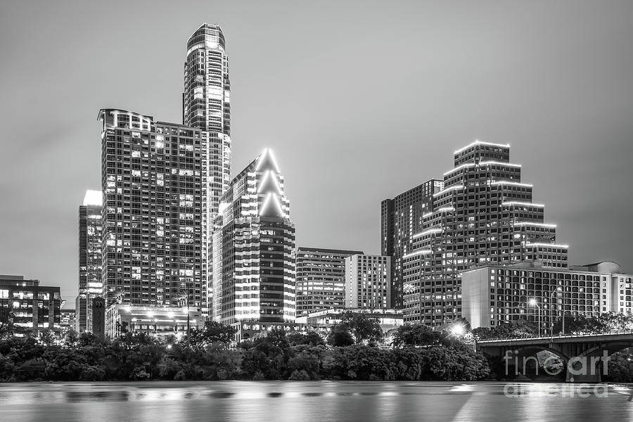Austin Texas Skyine at Night Black and White Photo Photograph by Paul Velgos
