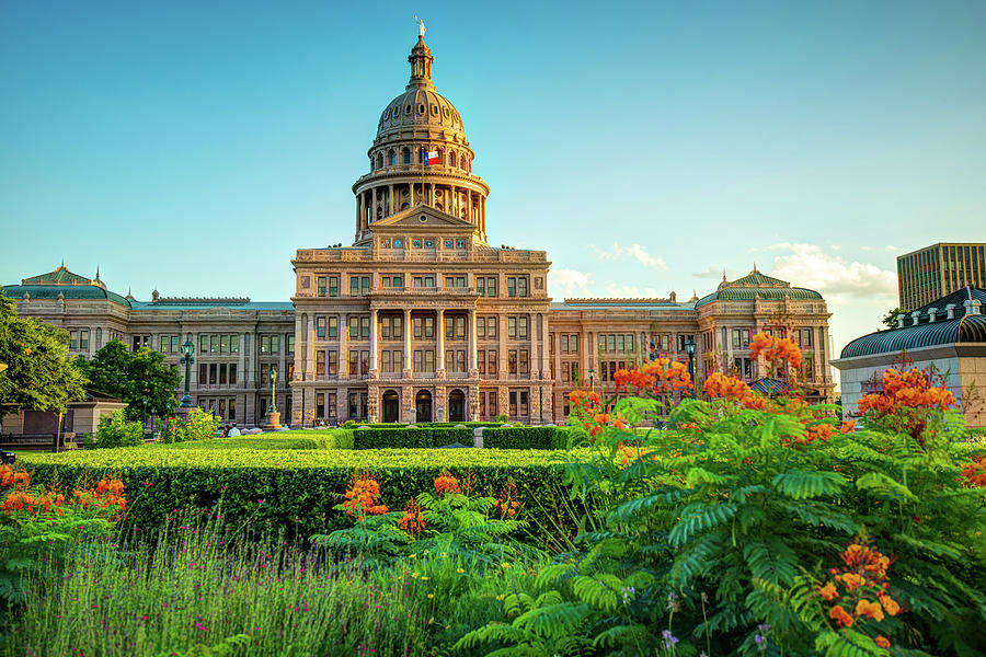 Austin Skyline Photograph - Austin Texas State Capitol Building and Flower Garden by Gregory Ballos