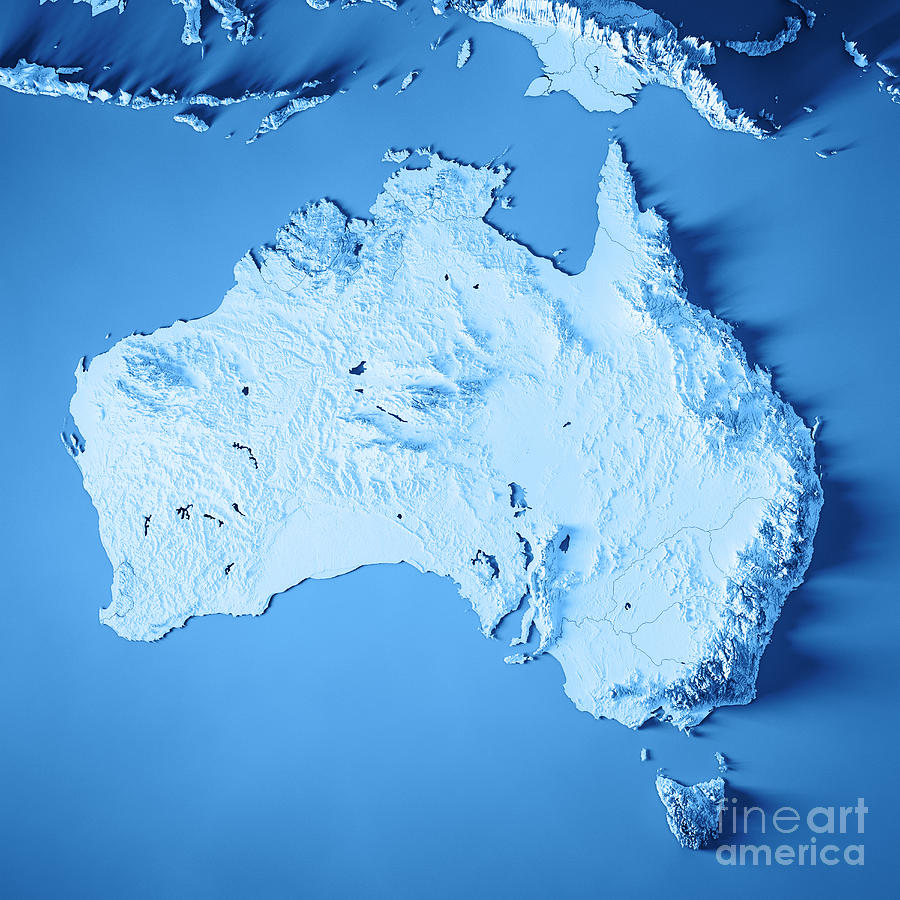 Australia 3D Render Topographic Map Blue Digital Art by Frank Ramspott ...