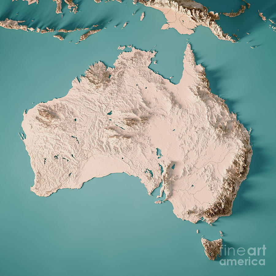 Australia 3D Render Topographic Map Neutral Digital Art by Frank ...