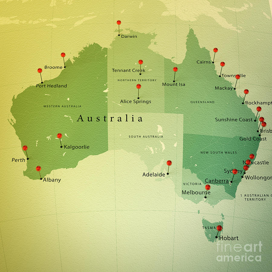 Australia Map Square Cities Straight Pin Vintage Digital Art by Frank Ramspott