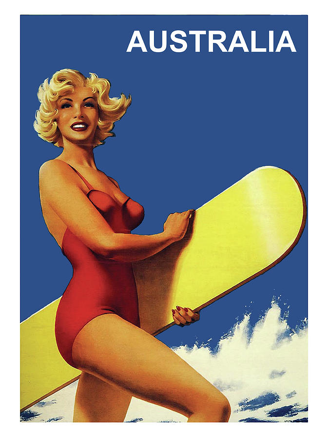 Vintage Painting - Australia, woman with surfing board by Long Shot