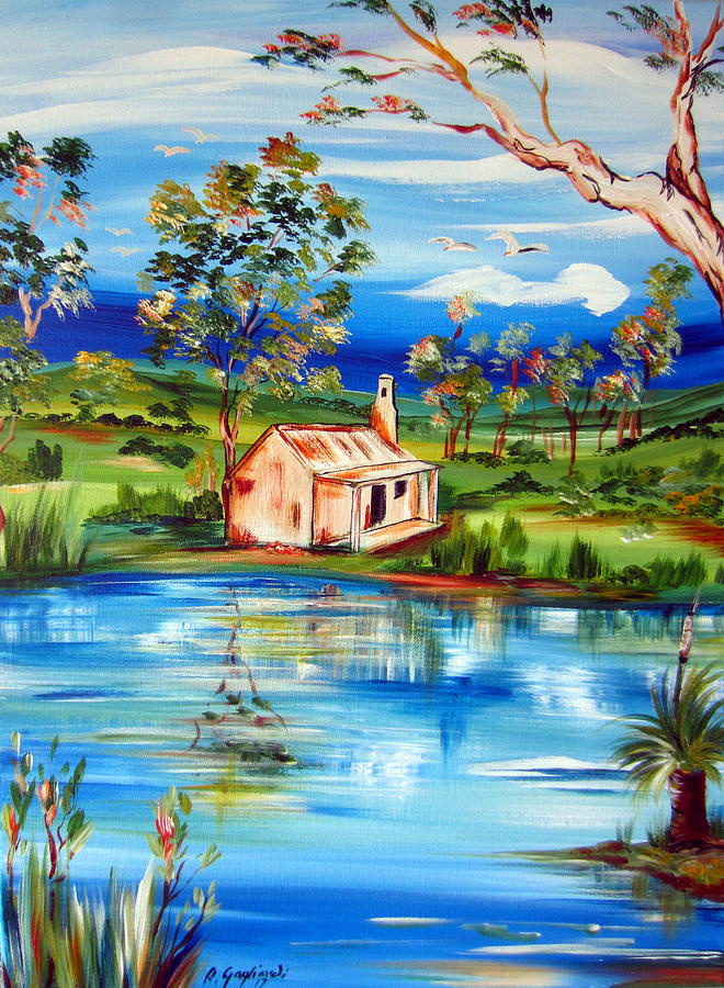 Australian hut by the water pond  Painting by Roberto Gagliardi