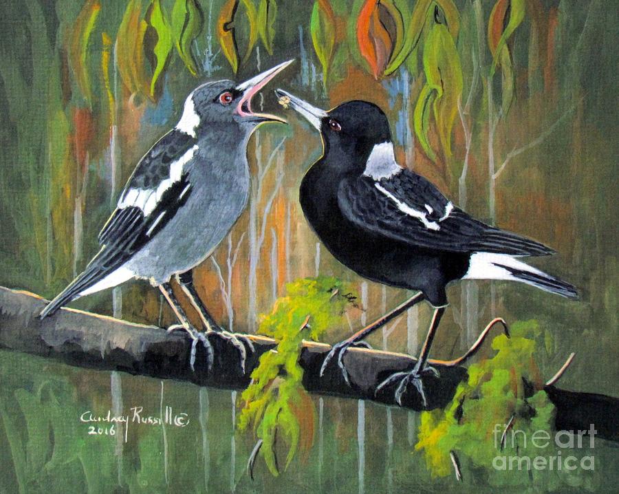 Australian Magpie feeding her young Painting by Audrey Russill