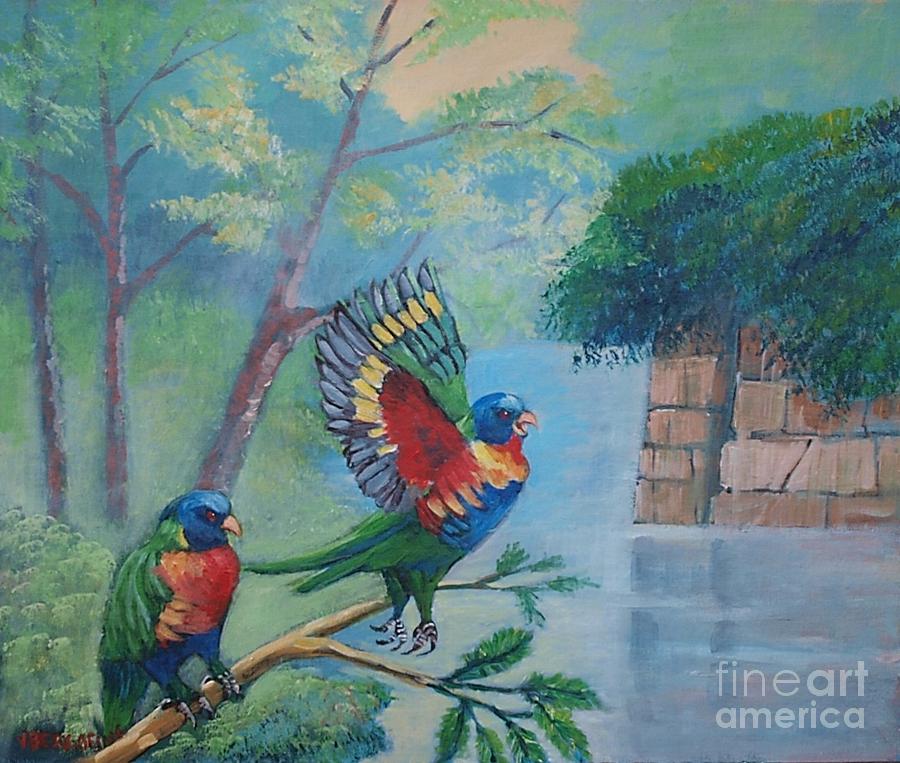 Australian rainbow parrots Painting by Jean Pierre Bergoeing