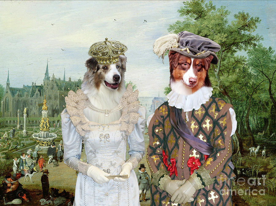 Australian Shepherd Art Canvas Print - Panorama with royal coupe and castle Painting by Sandra Sij