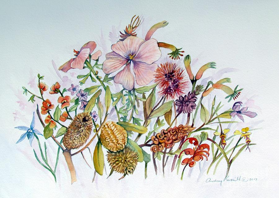 Australian Wildflowers with native orchids Painting by Audrey Russill