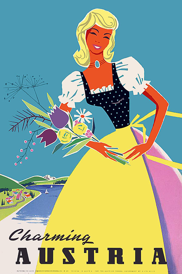 Flower Painting - Austria, Charming blond woman with flowers, travel poster by Long Shot