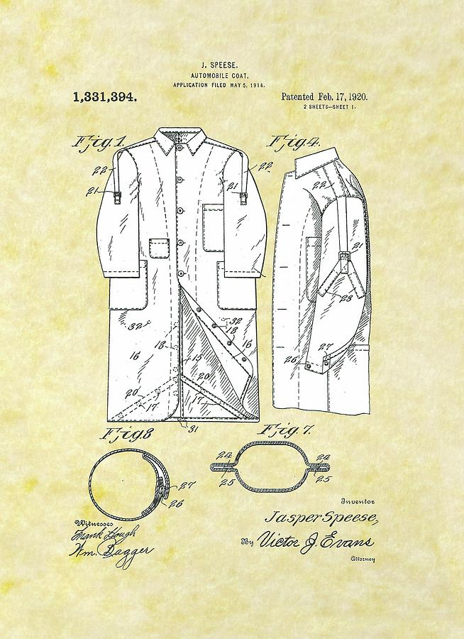 Automobile Coat Patent Drawing by Movie Poster Prints