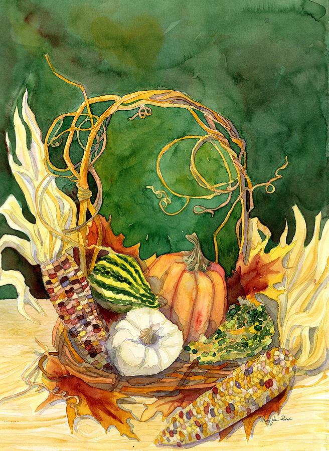 Autumn Abundance - Fall Harvest Basket Indian Corn Pumpkin Gourds Painting by Audrey Jeanne Roberts