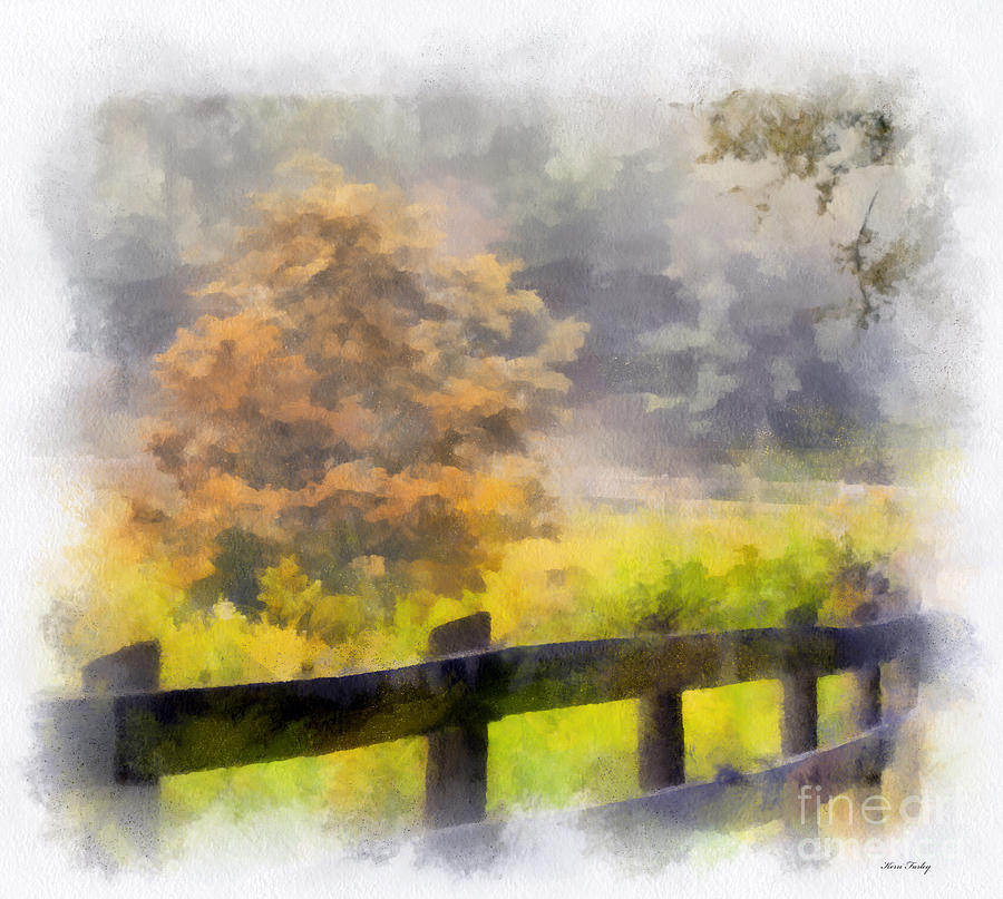 Autumn Along The Fence - Digital Watercolor Photograph