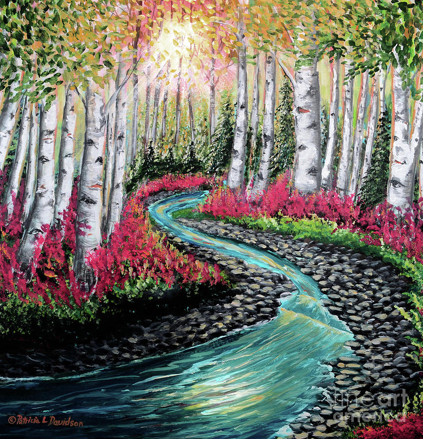 Autumn Aspen River Sunrise Painting by Pat Davidson