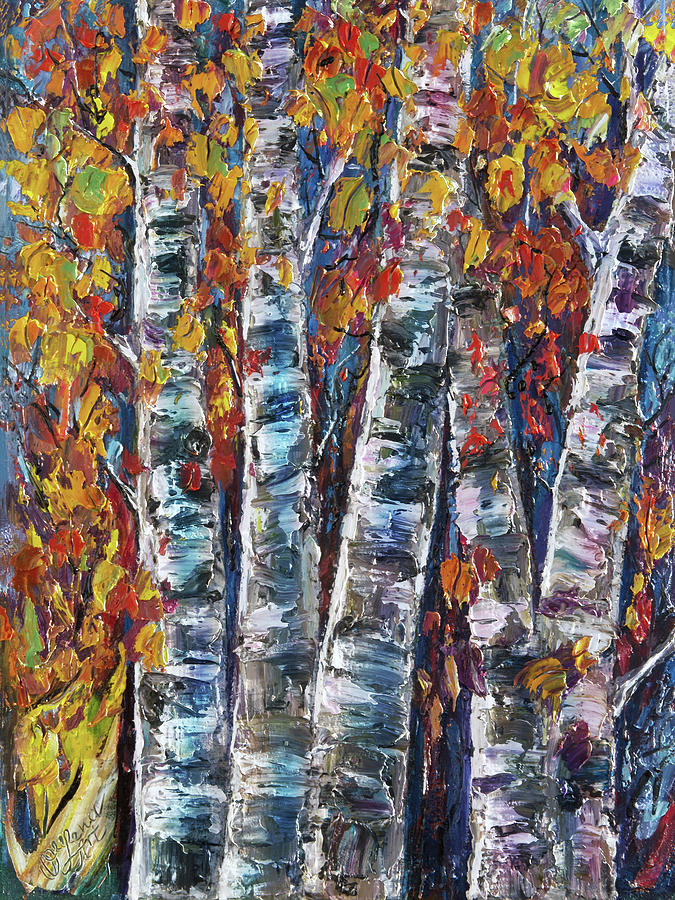 Autumn Aspen Trees with palette knife Painting by Lena Owens - OLena Art Vibrant Palette Knife and Graphic Design