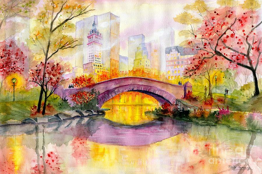 Autumn at Gapstow Bridge Central Park Painting by Melly Terpening