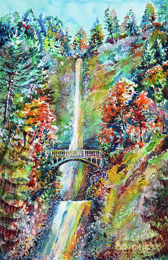 Autumn at Multnomah Falls Painting by Zaira Dzhaubaeva