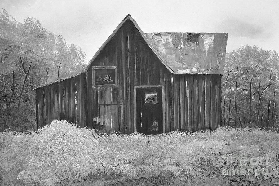 Autumn Barn - Without Fall - Black and White Painting by Jan Dappen