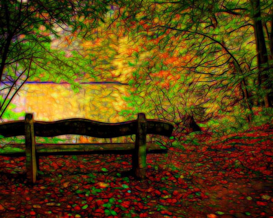 Autumn bench Digital Art by Lilia S