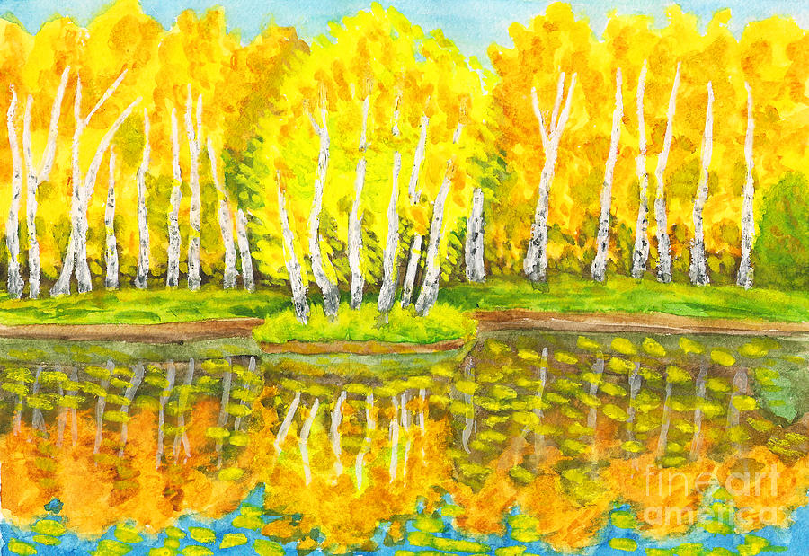 Autumn, birch forest and little island with birches, painting Painting by Irina Afonskaya