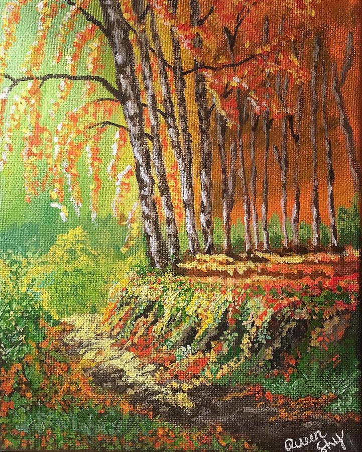 Autumn Birch Trees Painting by Queen Gardner