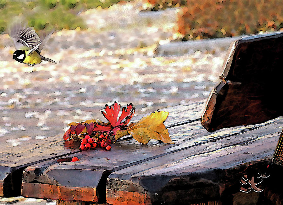 Still Life Mixed Media - Autumn bouquet on a bench by Ekaterina Torganskaia